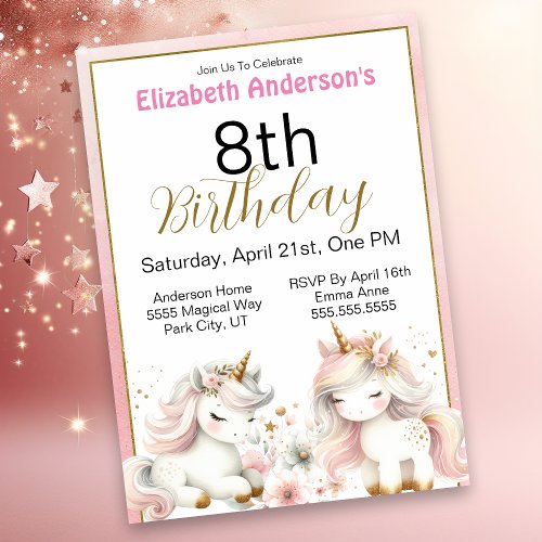 Adorable Unicorn Girls Any Birthday Invitation