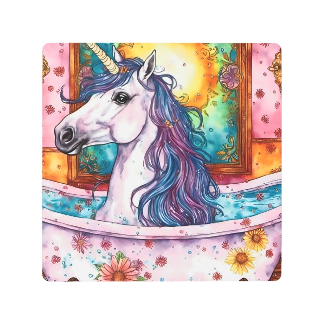 Adorable Unicorn in the Bath Metal Print (Front)