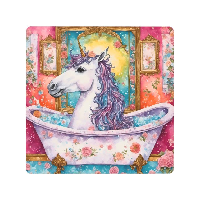 Adorable Unicorn in the Bath Metal Print (Front)