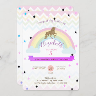 Adorable Unicorn,Rainbow Stars Birthday Invitation