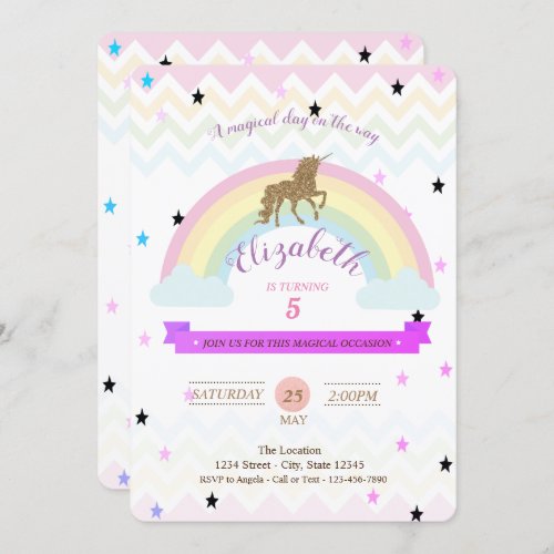 Adorable UnicornRainbow Stars Birthday Invitation