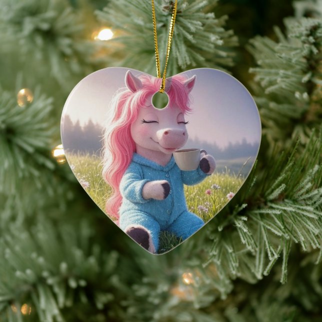Adorable Unicorn with a coffee and Your Own Photo Ceramic Ornament (Tree)