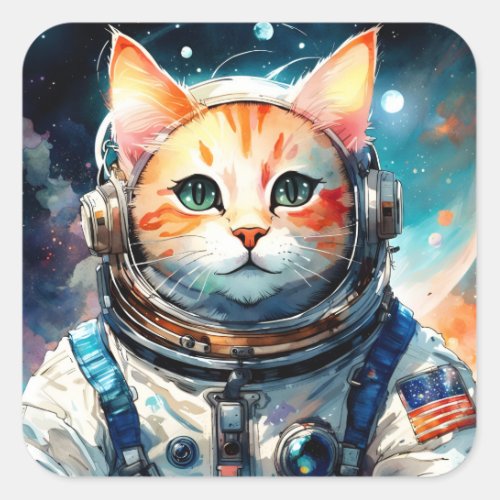 Adorable USA Astronaut Cat Square Sticker