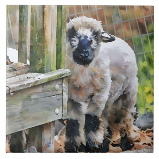 Adorable Valais Cross Lamb Ceramic Tile