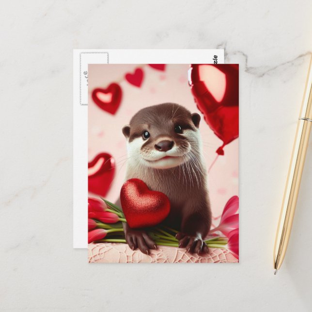 Adorable Valentine Otter Postcard (Front/Back In Situ)