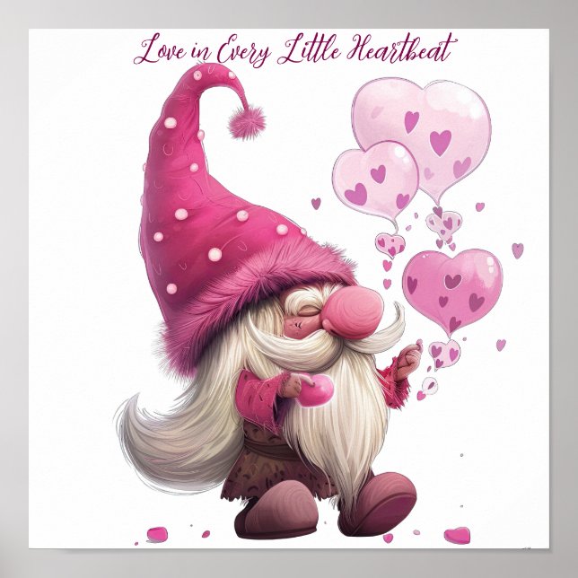 Adorable Valentine’s Day Gnome with Heart Balloons Poster (Front)