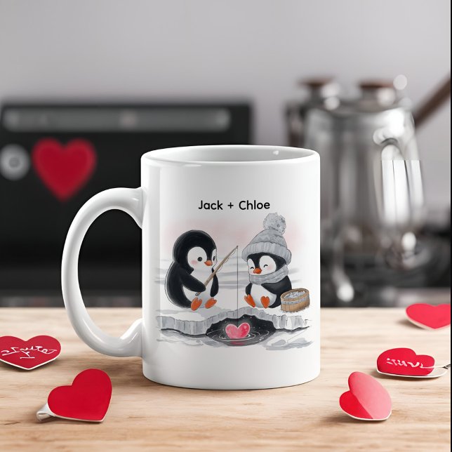 Adorable Valentine Watercolor Ice Fishing Penguins Coffee Mug (Cute Penguin ice fishing for heart Valentine coffee mug personalized with couple's names)