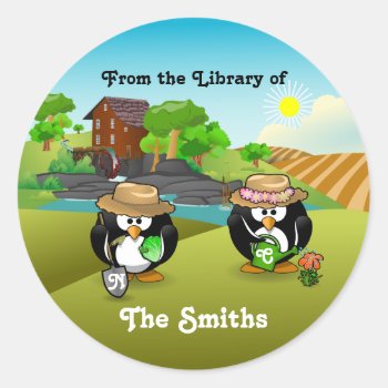 Adorable Vegetable Farmer Gardener Penguin Couple Classic Round Sticker by colorfulcreatures at Zazzle