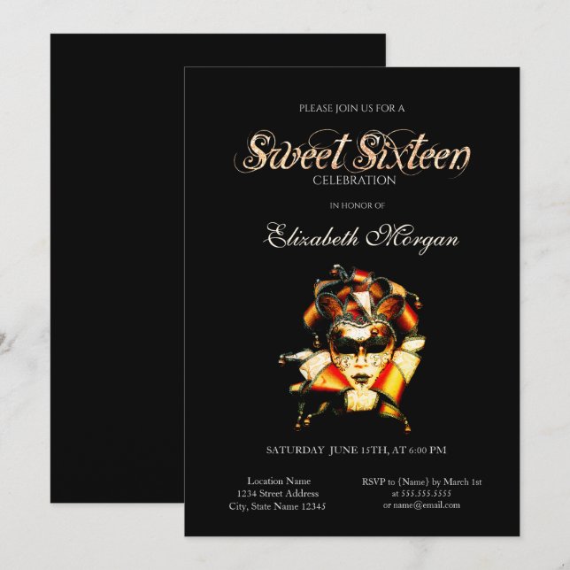 Adorable Venezian Masque Black Sweet 16 Invitation (Front/Back)