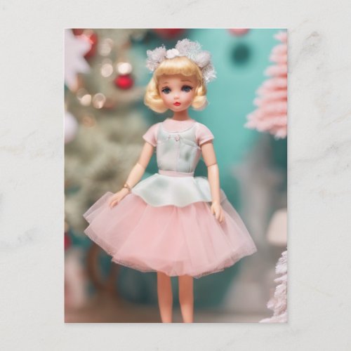 Adorable Vintage Blond Doll in Pink Christmas Postcard