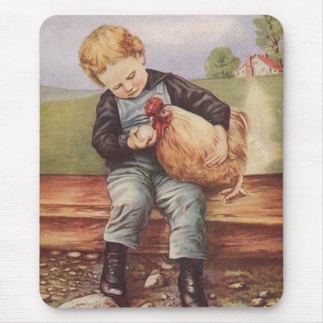 Adorable Vintage Boy and Chicken Mouse Pad (Front)