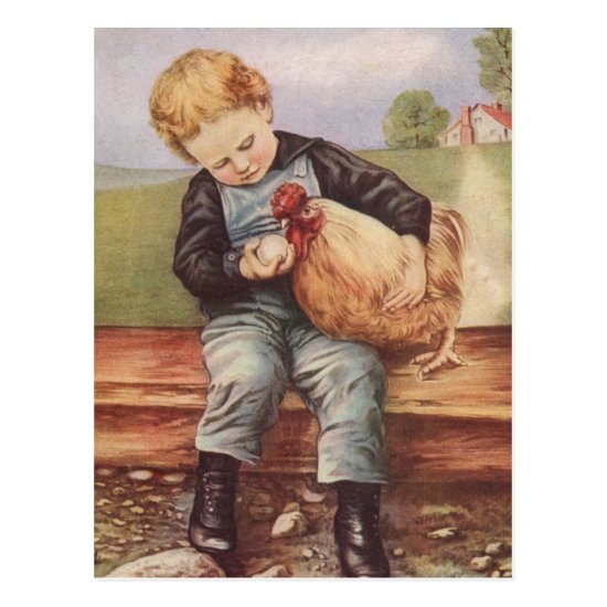 Adorable Vintage Boy and Chicken Postcard