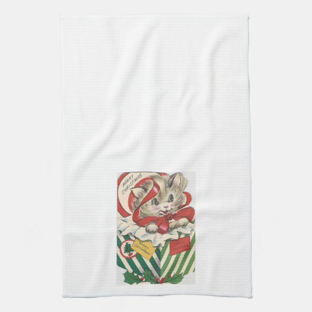 Adorable Vintage Christmas Kitten Kitchen Towel (Vertical)