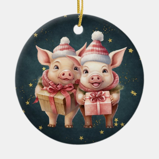 Adorable vintage Christmas Pigs Ceramic Ornament (Front)