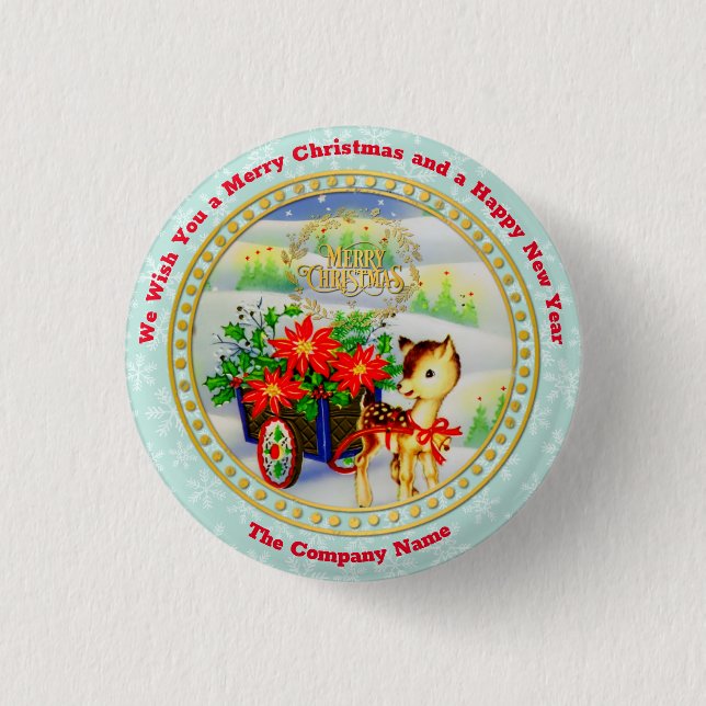 Adorable Vintage Christmas Reindeer & Flower Cart Button (Front)