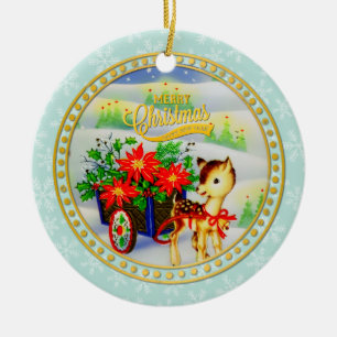 Adorable Vintage Christmas Reindeer & Flower Cart Ceramic Ornament