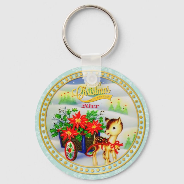 Adorable Vintage Christmas Reindeer & Flower Cart Keychain (Front)