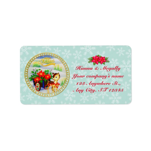 Adorable Vintage Christmas Reindeer & Flower Cart Label (Front)