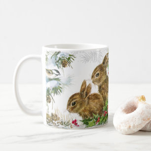Adorable Vintage Christmas Snow Bunny and Holly Coffee Mug