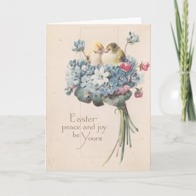 Adorable Vintage Easter Birds and Flowers Holiday Card (Front)