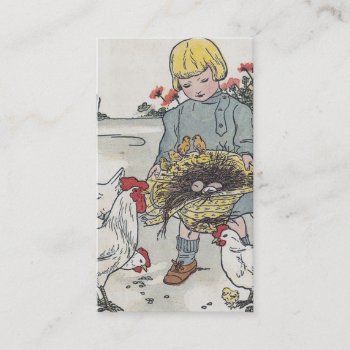 Adorable Vintage Girl With Chickens  Text On Back Business Card by businesscardsforyou at Zazzle