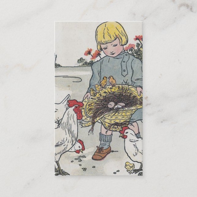 Adorable Vintage Girl with Chickens, Text on Back Business Card (Front)