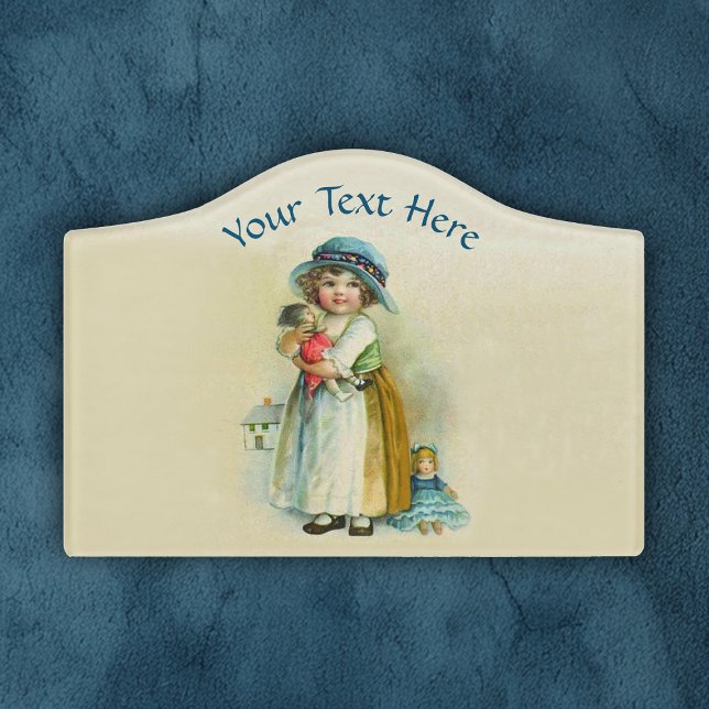 Adorable Vintage Little Girl Holding Dolls Tan Door Sign (Cute curly haired vintage little girl with doll house and dolls on tan room or door sign.)
