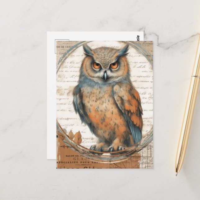 Adorable Vintage Owl Collage Postcard (Front/Back In Situ)