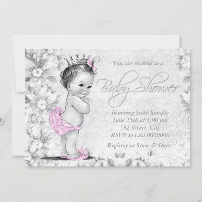Adorable Vintage Pink and Gray Baby Shower Invitation (Front)