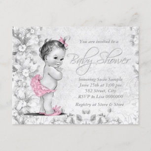 Adorable Vintage Pink and Gray Baby Shower Invitation