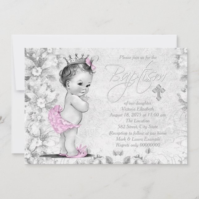 Adorable Vintage Pink and Gray Baptism Invitation (Front)