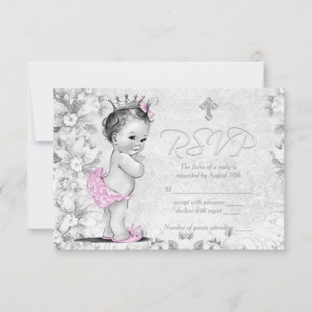 Adorable Vintage Pink and Gray Baptism RSVP (Front)