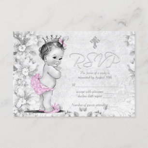 Adorable Vintage Pink and Gray Baptism RSVP Card
