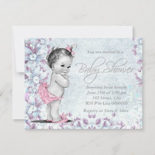 Adorable Vintage Pink and Purple Baby Shower Invite
