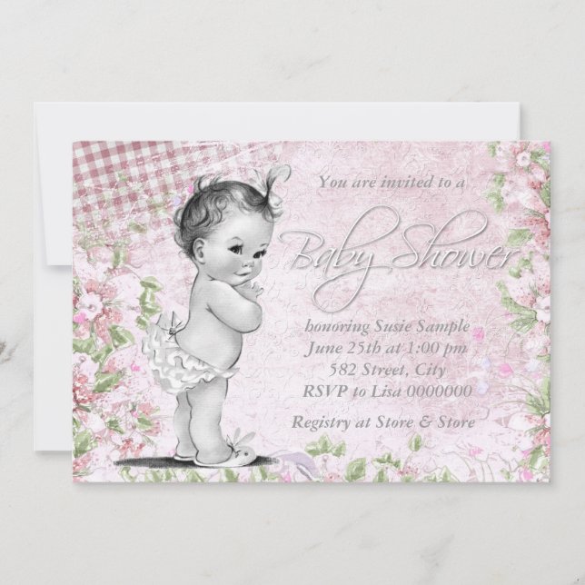 Adorable Vintage Pink Baby Shower Invitation (Front)