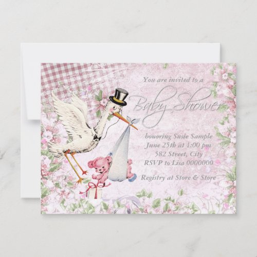 Adorable Vintage Pink Stork Baby Shower Invitation