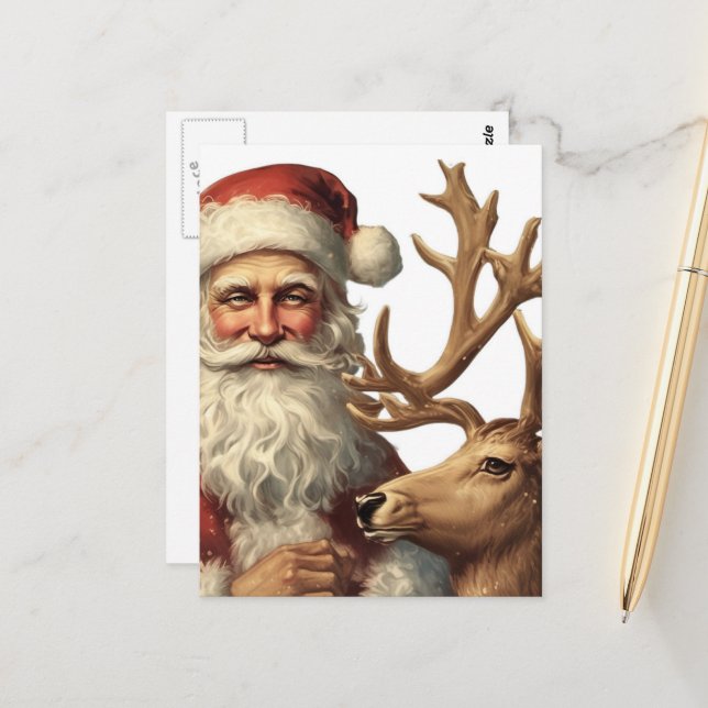 Adorable Vintage Santa and Reindeer Postcard (Front/Back In Situ)