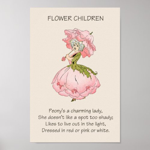 Adorable Vintage Storybook Flower Children PEONY Poster