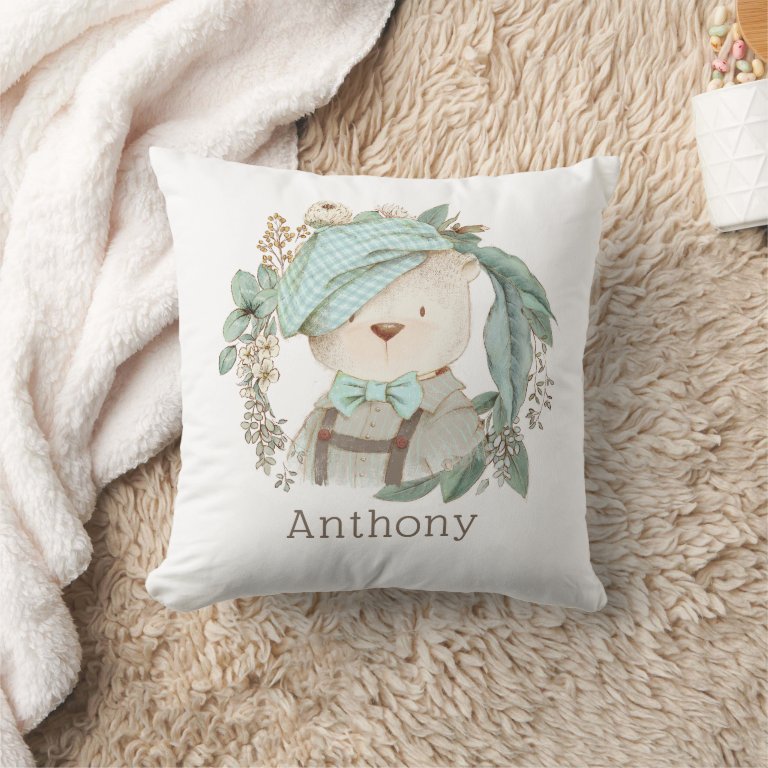 Adorable Vintage Teddy Bear with Child&#39;s Name Throw Pillow