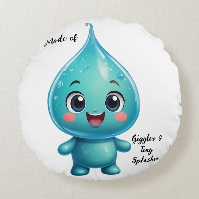 Adorable Water Droplet Cartoon Character – Cute Round Pillow (Front)