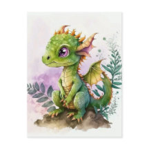 Adorable Watercolor Baby Dragon with Purple Eyes
