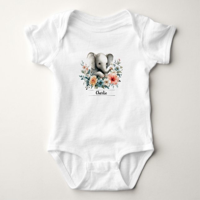 Adorable Watercolor Baby Elephant with Custom Name Bodysuit (Front)