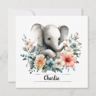 Adorable Watercolor Baby Elephant with Custom Name Card