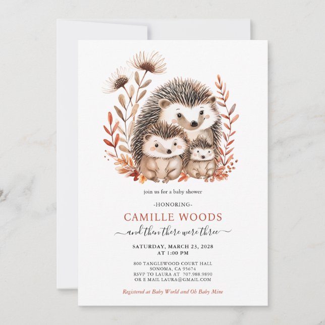 Adorable Watercolor Baby Shower Hedgehog Family Invitation (Front)