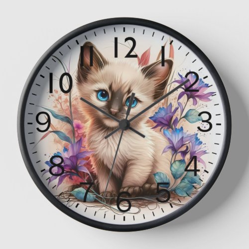 Adorable Watercolor Balinese Kitten Print Clock