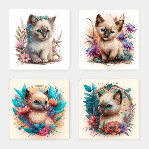Adorable Watercolor Balinese Kitten Print Coaster Set
