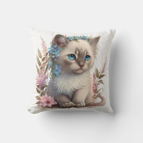 Adorable Watercolor Balinese Kitten Print Throw Pillow