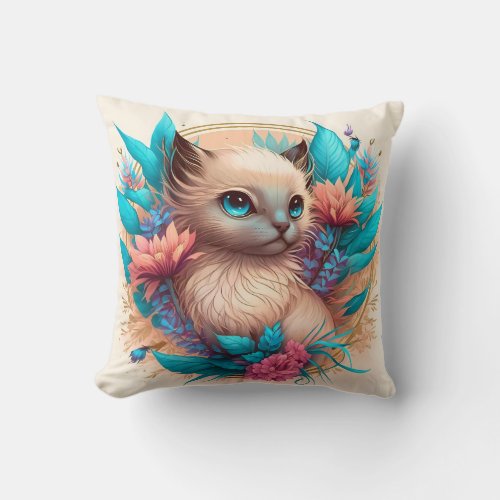Adorable Watercolor Balinese Kittens Print Throw Pillow