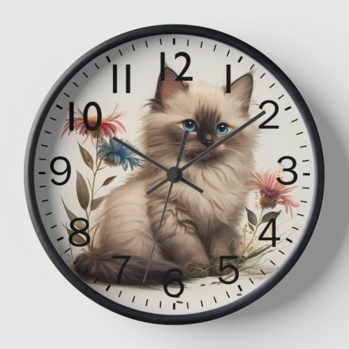 Adorable Watercolor Birman Kitten Print Clock