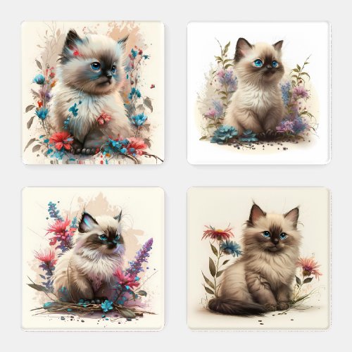 Adorable Watercolor Birman Kitten Print Coaster Set